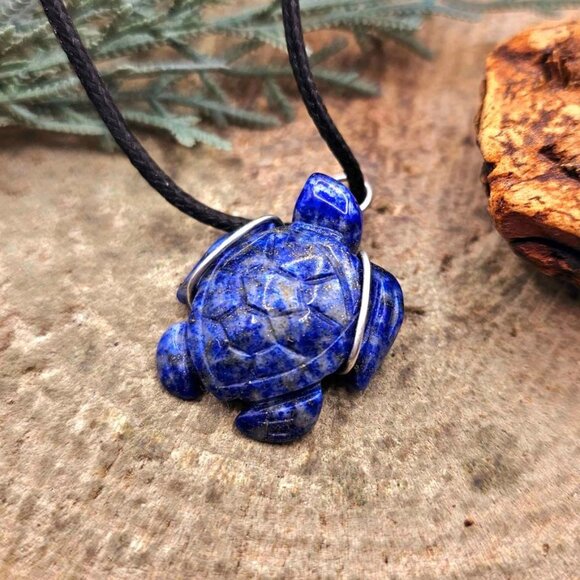 Nature Lapis Lazuli Carved Cute Turtle Wire Wrapped Pendant Necklace - Picture 4 of 10
